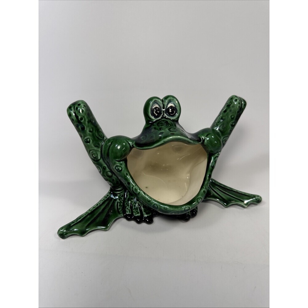 Vtg HTF Ceramic Sponge Holder Wide Mouth Frog Shiny Glaze Green Signed K1